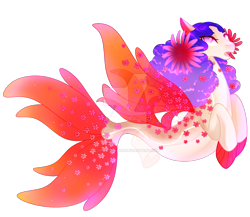 Size: 1920x1663 | Tagged: safe, artist:cupidauctions, imported from derpibooru, oc, oc only, seapony (g4), colored pupils, deviantart watermark, dorsal fin, female, fin wings, fins, fish tail, flower, flower in hair, flowing tail, looking at you, mare, mermay, obtrusive watermark, open mouth, pink eyes, purple mane, red wings, simple background, solo, tail, transparent background, watermark, wings