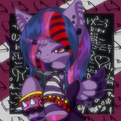 Size: 3000x3000 | Tagged: safe, artist:umbrapone, imported from derpibooru, twilight sparkle, alicorn, bat ears, belts, book, bookhorse, clothes, collar, colored wings, ear piercing, emo, heart, hoof hold, hooves, horn, horn ring, implied fluttershy, implied rainbow dash, implied starlight glimmer, implied trixie, jewelry, leg warmers, lip piercing, math, piercing, rawr, rawrified, reading, ring, shirt, solo, spiked collar, spiked wristband, striped mane, t-shirt, twilight sparkle (alicorn), two toned wings, wings, wristband