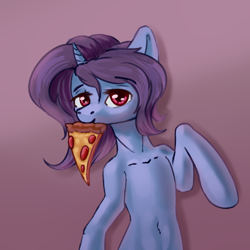 Size: 1000x1000 | Tagged: safe, artist:falses, imported from derpibooru, oc, oc only, semi-anthro, unicorn, adorasexy, bedroom eyes, cute, digital art, female, food, high res, mare, meat, pepperoni, pepperoni pizza, pizza, sexy, shading, simple background, sketch, solo