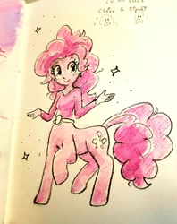 Size: 1082x1365 | Tagged: safe, artist:fipoki, imported from derpibooru, pinkie pie, centaur, earth pony, taur, equestria girls, centaur pie, female, hand, mare, solo, sparkles, tail, traditional art