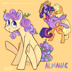 Size: 2048x2048 | Tagged: safe, artist:3ggmilky, imported from derpibooru, applejack, twilight sparkle, oc, oc:almanac, alicorn, pony, bipedal, bridal carry, carrying, female, lesbian, magical lesbian spawn, offspring, orange background, parent:applejack, parent:twilight sparkle, parents:twijack, shipping, simple background, twijack, twilight sparkle (alicorn)