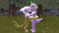 Size: 1280x720 | Tagged: safe, artist:ponygamer2020, imported from derpibooru, gilda, spike, dragon, griffon, 3d, bipedal, blushing, cute, female, forest, gildadorable, grass, hug, interspecies, kissing, male, shipping, source filmmaker, spikabetes, spikelove, spilda, straight, tree