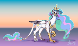 Size: 6005x3537 | Tagged: safe, artist:alumx, imported from derpibooru, princess celestia, griffon, female, foot wraps, griffonized, high res, lidded eyes, looking at you, solo, species swap