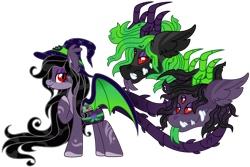 Size: 1280x855 | Tagged: safe, artist:lupulrafinat, imported from derpibooru, oc, oc only, cow plant pony, monster pony, original species, plant pony, pony, augmented tail, bat wings, closed species, female, forked tongue, hat, hoof on chest, horns, plant, simple background, transparent background, wings, witch hat