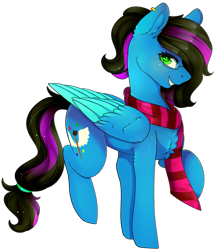 Size: 2485x2851 | Tagged: safe, artist:highrolleryt, imported from derpibooru, oc, oc only, pegasus, pony, bow, clothes, colored wings, eyelashes, feathered wings, female, folded wings, green eyes, grin, hair, looking at you, mare, oc name needed, pegasus oc, pegasus wings, raised hoof, scarf, simple background, smiling, smiling at you, solo, striped scarf, tail, tail bow, transparent background, two toned wings, wings