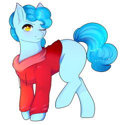 Size: 1893x1960 | Tagged: safe, artist:highrolleryt, imported from derpibooru, oc, oc only, earth pony, pony, clothes, ear fluff, earth pony oc, hoodie, one eye closed, simple background, transparent background, wink