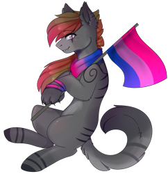 Size: 1746x1806 | Tagged: safe, artist:highrolleryt, imported from derpibooru, oc, oc only, oc:zorah, cat, cat pony, original species, pony, bisexual pride flag, clothes, ear fluff, flag, pride, pride flag, scarf, simple background, smiling, solo, transparent background