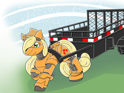 Size: 3600x2700 | Tagged: safe, artist:heart-of-a-dragoness, imported from derpibooru, applejack, earth pony, pony, robot, robot pony, applebot, cart, commission, female, gynoid, hat, roboticization, simple background, solo