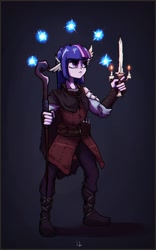 Size: 1224x1958 | Tagged: safe, artist:toko-vega, imported from derpibooru, twilight sparkle, human, dagger, dark souls, humanized, medieval, solo, staff, weapon