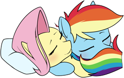 Size: 1217x770 | Tagged: safe, artist:dacaoo, imported from derpibooru, fluttershy, rainbow dash, pegasus, pony, cuddling, duo, duo female, eyes closed, female, flutterdash, hoof hold, lesbian, mare, pillow, shipping, simple background, sleeping, smiling, transparent background