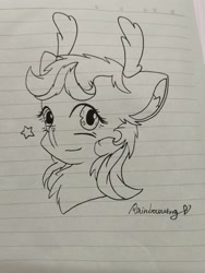 Size: 2736x3648 | Tagged: safe, artist:rainbowwing, imported from derpibooru, oc, oc only, oc:bamboo rain, deer, deer pony, original species, pony, bust, chest fluff, cute, deer oc, ear fluff, ears back, floppy ears, horns, lineart, lined paper, looking at you, monochrome, photo, simple background, smiling, smiling at you, solo, stars, traditional art