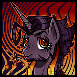 Size: 1920x1918 | Tagged: safe, artist:sush-adopts, imported from derpibooru, oc, oc:dimness ashes, pony, unicorn, beard, black mane, cigarette, colored pupils, eyelashes, facial hair, freckles, icon, male, multicolored hair, orange mane, patterned background, red eyes, slit pupils, solo, stallion, striped background, stripes, yellow mane