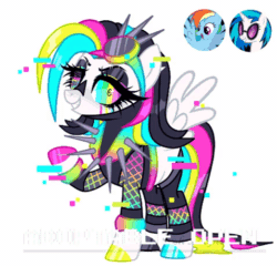 Size: 478x458 | Tagged: safe, artist:sush-adopts, imported from derpibooru, dj pon-3, rainbow dash, vinyl scratch, oc, pegasus, pony, adoptable, adoptable open, animated, black mane, blue mane, choker, clothes, collar, corrupted, error, eyelashes, fishnets, fusion, gif, glitch, glowing, goggles, multicolored eyes, multicolored hair, multicolored mane, neon, pink mane, rainbow hair, shirt, solo, spiked choker, static, stockings, technology, thigh highs, wings, yellow mane