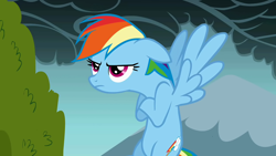 Size: 1280x720 | Tagged: safe, imported from derpibooru, screencap, rainbow dash, pegasus, pony, dragonshy, season 1, angry, crossed hooves, female, flying, grumpy dash, mare, narrowed eyes, rainbow dash is not amused, solo, spread wings, unamused, wings