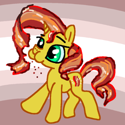 Size: 781x781 | Tagged: safe, artist:ja0822ck, imported from derpibooru, sunset shimmer, food pony, pony, unicorn, equestria girls, alternate cutie mark, autocannibalism, aweeg*, bacon hair, cannibalism, eating, female, food, mare, meat, omnivore sunset, ponies eating meat, ponified, puffy cheeks, solo, wat
