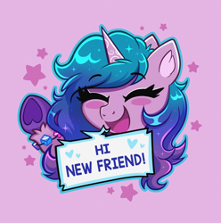 Size: 3115x3135 | Tagged: safe, artist:confetticakez, imported from derpibooru, izzy moonbow, pony, unicorn, blushing, bracelet, cute, eyebrows, eyebrows visible through hair, eyes closed, female, friendship bracelet, g5, heart, hi new friend, high res, izzybetes, jewelry, mare, open mouth, open smile, pink background, simple background, smiling, solo, stars, unshorn fetlocks, waving