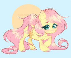 Size: 1558x1280 | Tagged: safe, artist:sadelinav, imported from derpibooru, fluttershy, pegasus, pony, colored hooves, colored wings, crouching, cute, female, folded wings, looking at you, mare, outline, raised hoof, shyabetes, smiling, solo, standing, three quarter view, two toned wings, white outline, wings