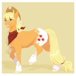 Size: 3000x3000 | Tagged: safe, artist:marshmallotheredfox, imported from derpibooru, applejack, earth pony, pony, alternate design, bandaid, body markings, chest fluff, coat markings, ear fluff, feather in hair, female, freckles, full body, looking at you, mare, passepartout, red bandana, scar, smiling, smiling at you, socks (coat markings), solo, unshorn fetlocks, walking