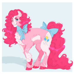 Size: 3000x3000 | Tagged: safe, artist:marshmallotheredfox, imported from derpibooru, pinkie pie, pony, alternate design, bald face, blaze (coat marking), body markings, bow, chest fluff, coat markings, colored ear fluff, ear fluff, facial markings, long tail, looking at you, neck bow, one eye closed, passepartout, raised hoof, smiling, smiling at you, solo, tail, tail bow, unshorn fetlocks, wink, winking at you
