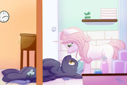 Size: 1024x683 | Tagged: safe, artist:exobass, imported from derpibooru, oc, oc only, oc:amira, oc:nightwind, pegasus, unicorn, bathroom, clock, crying, hooves to the chest, horn, love, lying, lying down, on back, pegasus oc, soap, tears of joy, toilet paper, towel, unicorn oc