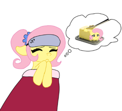 Size: 502x456 | Tagged: safe, artist:mindlessbrony, imported from derpibooru, fluttershy, pegasus, pony, butter, confused, dream, flutterbutter, food, knife, nightmare, ponytail, sleep mask, sleeping, solo, weird