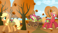 Size: 1280x720 | Tagged: safe, artist:mlplary6, imported from derpibooru, apple bloom, applejack, big macintosh, earth pony, pony, apple, apple basket, apple siblings, apple sisters, apple tree, autumn, brother and sister, cart, family, female, filly, foal, food, leaves, male, mare, siblings, sisters, smiling, stallion, tree