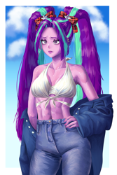 Size: 2000x3000 | Tagged: safe, artist:zzugguri, imported from derpibooru, aria blaze, human, equestria girls, abs, clothes, female, front knot midriff, high res, jeans, midriff, pants, pigtails, ribbon, sky, solo, twintails