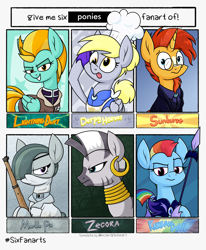 Size: 2122x2579 | Tagged: safe, artist:moonatik, imported from derpibooru, derpy hooves, lightning dust, marble pie, rainbow dash, sunburst, zecora, earth pony, pegasus, pony, unicorn, zebra, six fanarts, alternate hairstyle, alternate timeline, apron, armor, bomber jacket, chef, chef's hat, clothes, ear piercing, earring, eyepatch, female, glasses, gloves, hat, jacket, jewelry, lee enfield, male, mare, military uniform, neck rings, new lunar millennium, night guard, night guard dash, nightmare takeover timeline, piercing, salute, spear, stallion, suit, uniform, weapon