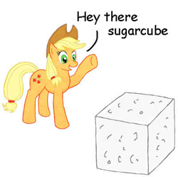 Size: 400x399 | Tagged: safe, artist:ashby10, imported from derpibooru, applejack, earth pony, pony, artifact, greeting, literal, pun, raised hoof, simple background, solo, sugarcube, white background