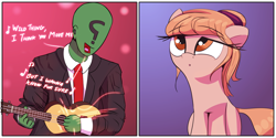 Size: 5000x2500 | Tagged: safe, artist:vultraz, imported from derpibooru, oc, oc only, oc:amber rose (thingpone), oc:anon, oc:thingpone, human, pony, 2 panel comic, :o, clothes, comic, confused, musical instrument, necktie, open mouth, singing, sitting, suit, the troggs, ukulele, wild thing