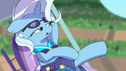 Size: 3000x1706 | Tagged: safe, artist:vultraz, imported from derpibooru, trixie, pony, unicorn, equestria girls, equestria girls series, forgotten friendship, beach chair, blurry background, chair, clothes, displeased, drawthread, ear piercing, earring, equestria girls outfit, female, floppy ears, frown, glasses, jewelry, lidded eyes, mare, open mouth, piercing, ponified, raised leg, scene interpretation, solo, swimsuit, umbrella