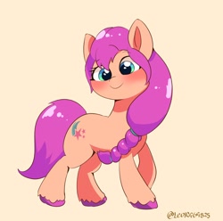 Size: 1200x1190 | Tagged: safe, artist:leo19969525, imported from derpibooru, sunny starscout, earth pony, pony, blushing, bow, braid, cute, cyan eyes, female, full body, g5, hair, hair bow, hooves, looking at you, mare, signature, simple background, smiling, smiling at you, solo, sunnybetes, tail, unshorn fetlocks, yellow background