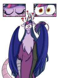 Size: 774x1032 | Tagged: safe, artist:princebluemoon3, artist:ultimatum323, imported from derpibooru, twilight sparkle, alicorn, draconequus, comic:the twiligh muffin, confused, draconequified, eyelashes, eyes closed, question mark, simple background, species swap, surprised, transformed, twikonequus, twilight sparkle (alicorn), white background