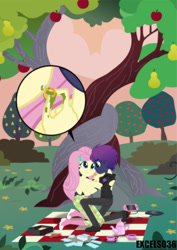Size: 579x816 | Tagged: safe, artist:excelso36, imported from derpibooru, fluttershy, oc, human, equestria girls, apple, apple tree, canon x oc, engagement, engagement ring, intertwined trees, pear tree, picnic, picnic blanket, shipping, teapot, tree, wings