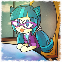 Size: 1200x1200 | Tagged: safe, artist:theratedrshimmer, imported from derpibooru, juniper montage, human, equestria girls, carnival phantasm, cat ears, cat tail, chibi, glasses, neco-arc, solo, tail
