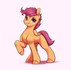 Size: 2859x2786 | Tagged: safe, artist:aquaticvibes, imported from derpibooru, scootaloo, pegasus, pony, female, filly, foal, folded wings, full body, grin, high res, hooves, raised hoof, shadow, simple background, smiling, solo, standing, white background, wings
