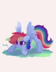 Size: 704x896 | Tagged: safe, artist:flixanoa, imported from derpibooru, rainbow dash, pegasus, pony, crouching, determined, female, grass, imminent pounce, mare, simple background, solo, spread wings, wings