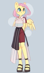 Size: 639x1063 | Tagged: safe, artist:melodylibris, imported from derpibooru, fluttershy, anthro, pegasus, unguligrade anthro, arm behind back, blushing, clothes, cute, female, high heels, looking up, mare, sandals, shirt, shoes, short sleeves, shorts, shyabetes, smiling, solo, spread wings, wings