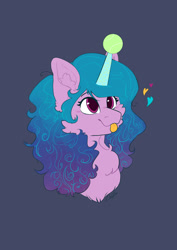 Size: 1280x1811 | Tagged: safe, artist:delfinaluther, imported from derpibooru, izzy moonbow, pony, unicorn, :p, ball, black background, bust, chest fluff, dark background, digital art, ear fluff, g5, heart, horn, hornball, izzy's tennis ball, simple background, smiling, solo, tennis ball, tongue out