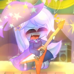Size: 1280x1280 | Tagged: safe, artist:1ivanz, imported from derpibooru, trixie, human, equestria girls, boots, cape, chibi, clothes, cute, diatrixes, electric guitar, female, flying v, guitar, hairpin, hat, musical instrument, open mouth, shoes, solo, trixie's cape, trixie's hat
