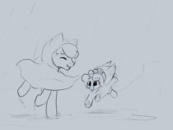 Size: 2000x1500 | Tagged: safe, artist:storyteller, imported from derpibooru, oc, oc:dippy, oc:omelette, earth pony, cute, puddle, rain, raincoat, siblings, sketch