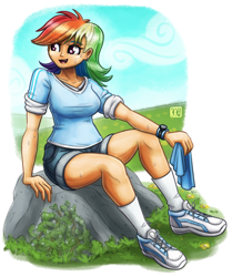 Size: 1504x1800 | Tagged: safe, artist:king-kakapo, imported from derpibooru, rainbow dash, human, clothes, female, humanized, rock, shirt, shoes, shorts, sitting, sneakers, solo, sweat, towel