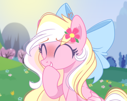 Size: 3788x3000 | Tagged: safe, artist:emberslament, imported from derpibooru, oc, oc only, oc:bay breeze, pegasus, pony, ^^, blushing, bow, cute, eyes closed, female, flower, flower in hair, hair bow, mare, ocbetes, pegasus oc, smiling, solo