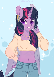 Size: 2480x3508 | Tagged: safe, artist:auroracursed, imported from derpibooru, twilight sparkle, alicorn, anthro, belly button, clothes, cute, dress, female, midriff, simple background, smiling, solo, twilight sparkle (alicorn)