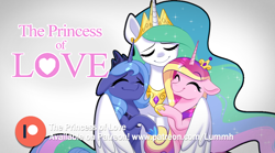 Size: 1000x556 | Tagged: safe, artist:lummh, artist:tomi_ouo, imported from derpibooru, princess cadance, princess celestia, princess luna, alicorn, pony, comic:the princess of love, alicorn triarchy, cute, cutedance, cutelestia, eyes closed, female, hug, jewelry, lunabetes, mare, patreon, regalia, smiling, winghug, wings