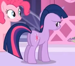 Size: 708x628 | Tagged: safe, imported from derpibooru, screencap, pinkie pie, twilight sparkle, pony, unicorn, green isn't your color, animation error, butt, butt focus, cropped, plot, twibutt, unicorn twilight