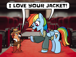 Size: 1120x840 | Tagged: safe, artist:m.w., imported from derpibooru, rainbow dash, chipmunk, pegasus, pony, bomber jacket, chip, chip and dale rescue rangers, clothes, crossover, dialogue, duo, female, hat, jacket, male, mare, speech bubble