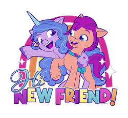 Size: 700x650 | Tagged: safe, imported from derpibooru, izzy moonbow, sunny starscout, earth pony, pony, unicorn, cropped, design, duo, female, g5, hi new friend, mare, merchandise, official, rainbow, shirt design, simple background, text, transparent background