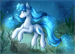 Size: 1280x920 | Tagged: safe, artist:pabelka, imported from derpibooru, oc, oc only, earth pony, pony, blue eyes, blue mane, blue tail, bubble, digital art, female, flowing mane, glowing, looking at you, mare, ocean, seaweed, smiling, smiling at you, solo, swimming, tail, underwater, water