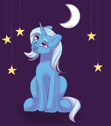 Size: 1129x1280 | Tagged: safe, artist:xwosya, imported from derpibooru, trixie, pony, unicorn, looking up, moon, simple background, sitting, sketch, smiling, solo, stars